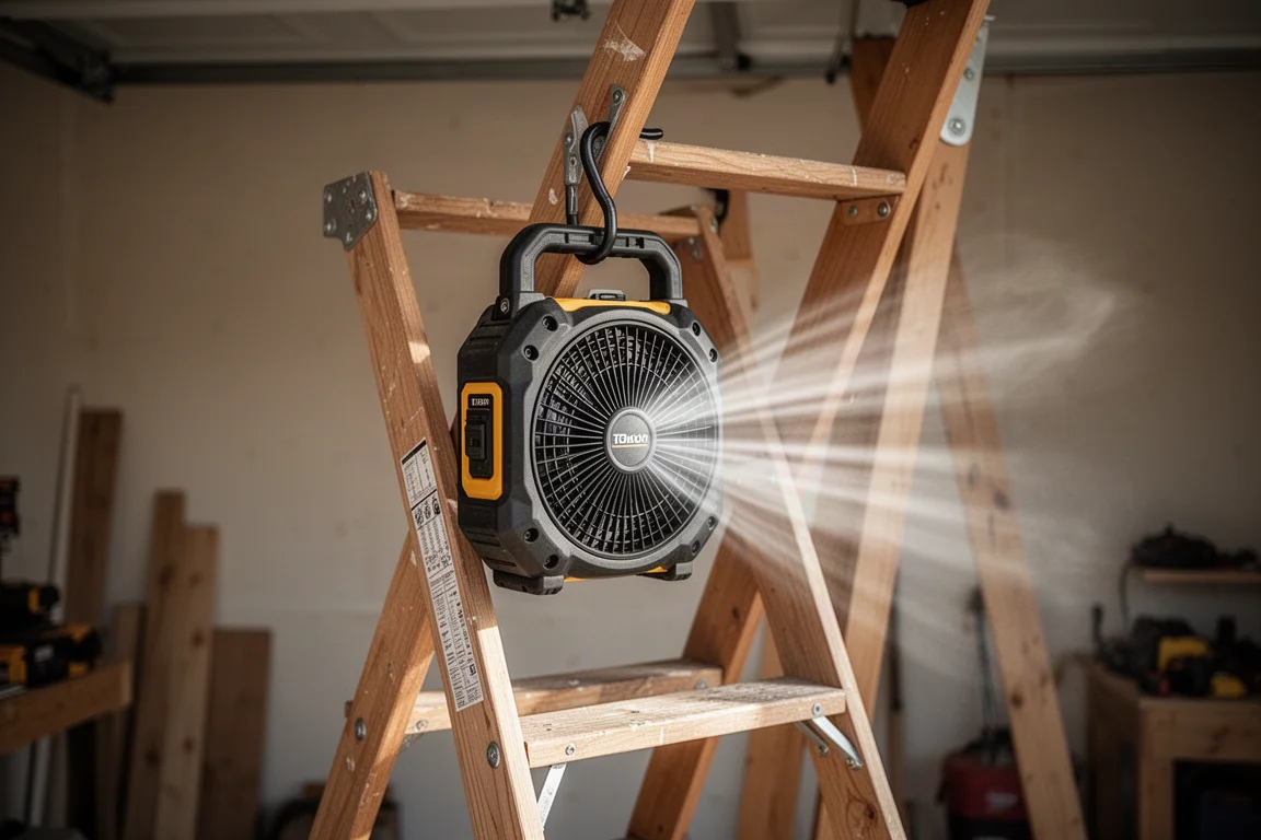 Accuventilator hangend aan een haak aan een houten ladder op een bouwplaats