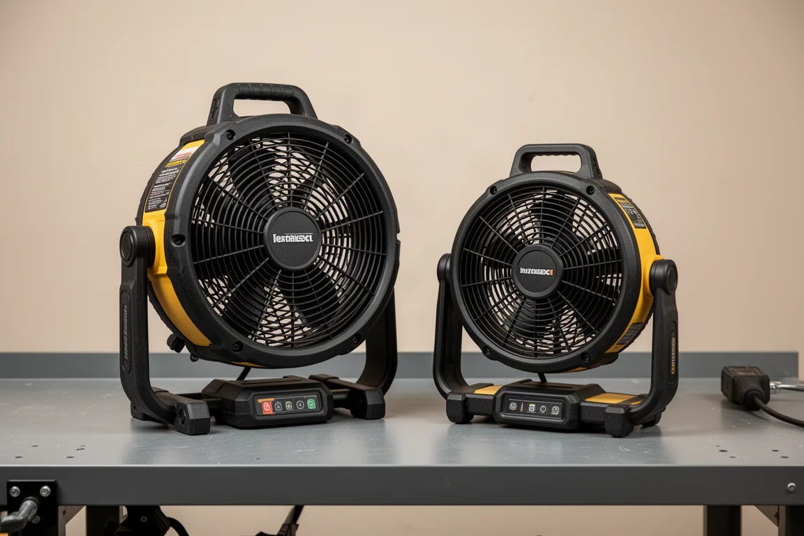 Twee accuventilators naast elkaar op een werkbank, klaar voor vergelijking