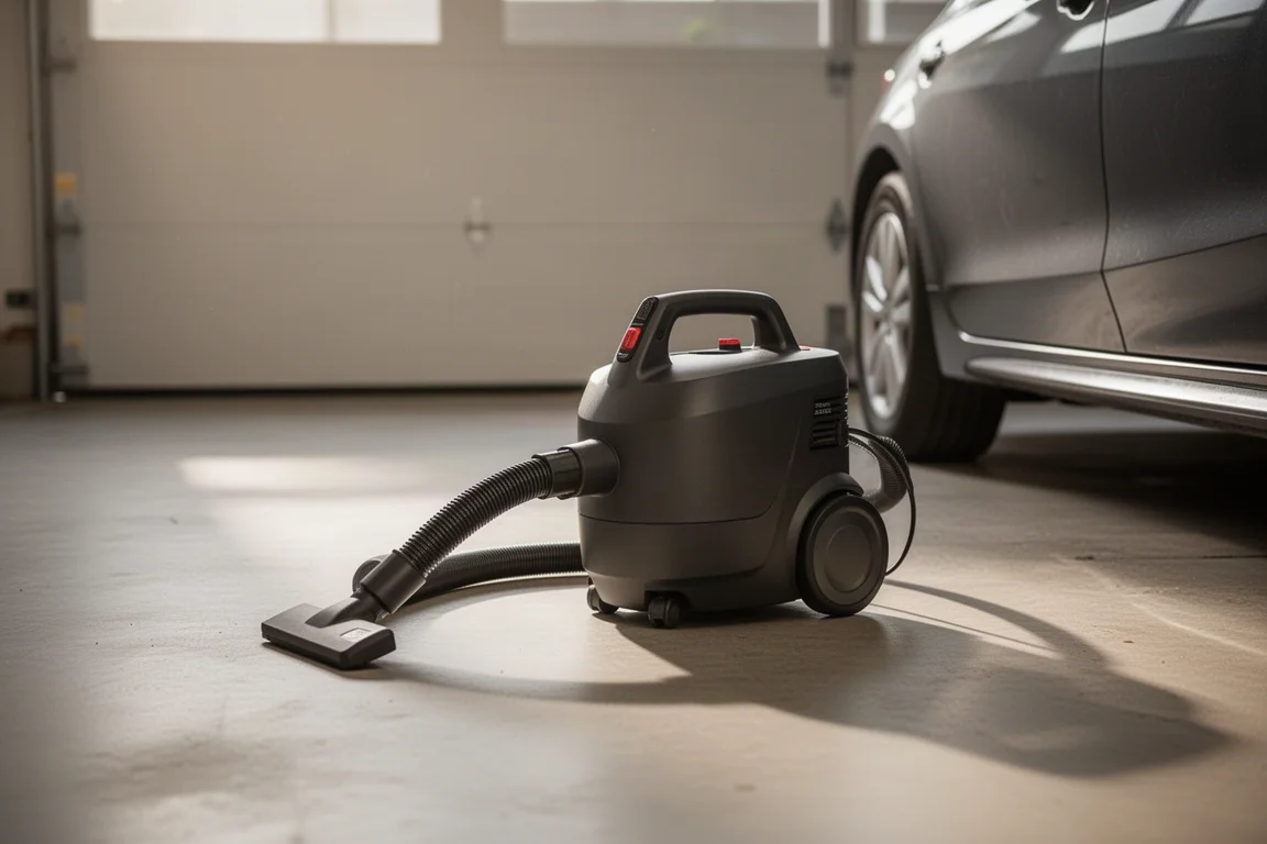 Compacte accu nat/droogzuiger op de vloer van een garage naast een autodeur