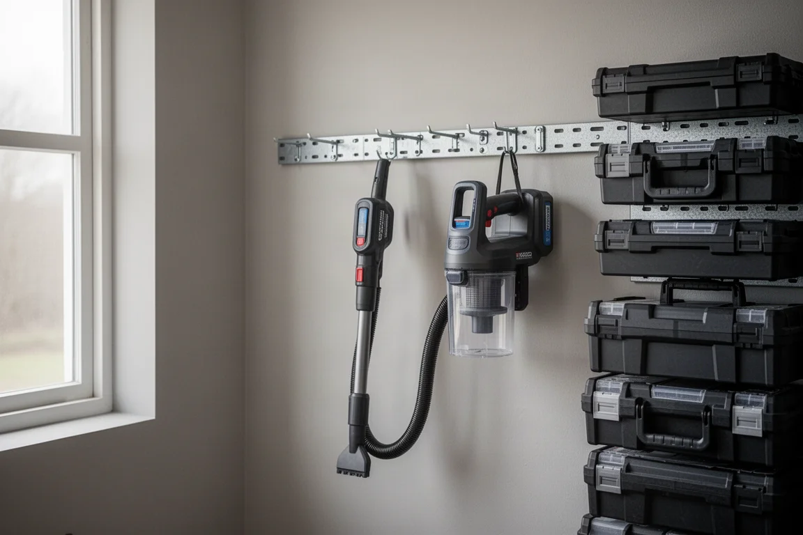 Modulaire wandopvangrail met een kleine zuiger die er in een werkplaats aan hangt