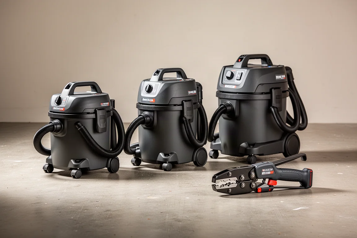 Three cordless wet/dry vacuums and a crimper tool arranged on a concrete floor