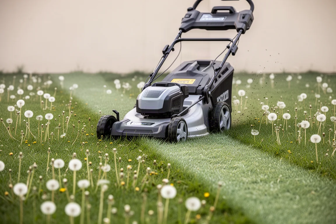 Tondeuse à gazon sans fil coupant l'herbe du printemps en laissant une belle strie nette