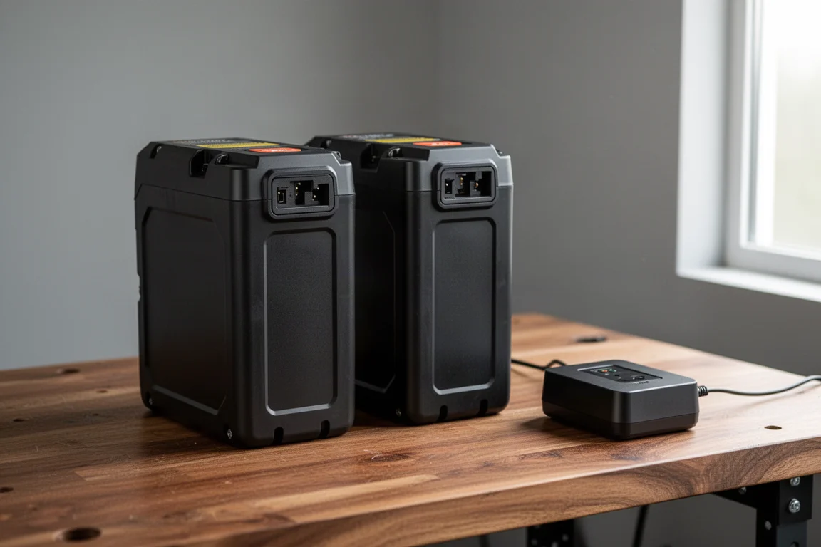 Deux batteries au lithium 40V sur un établi en bois à côté d'un chargeur