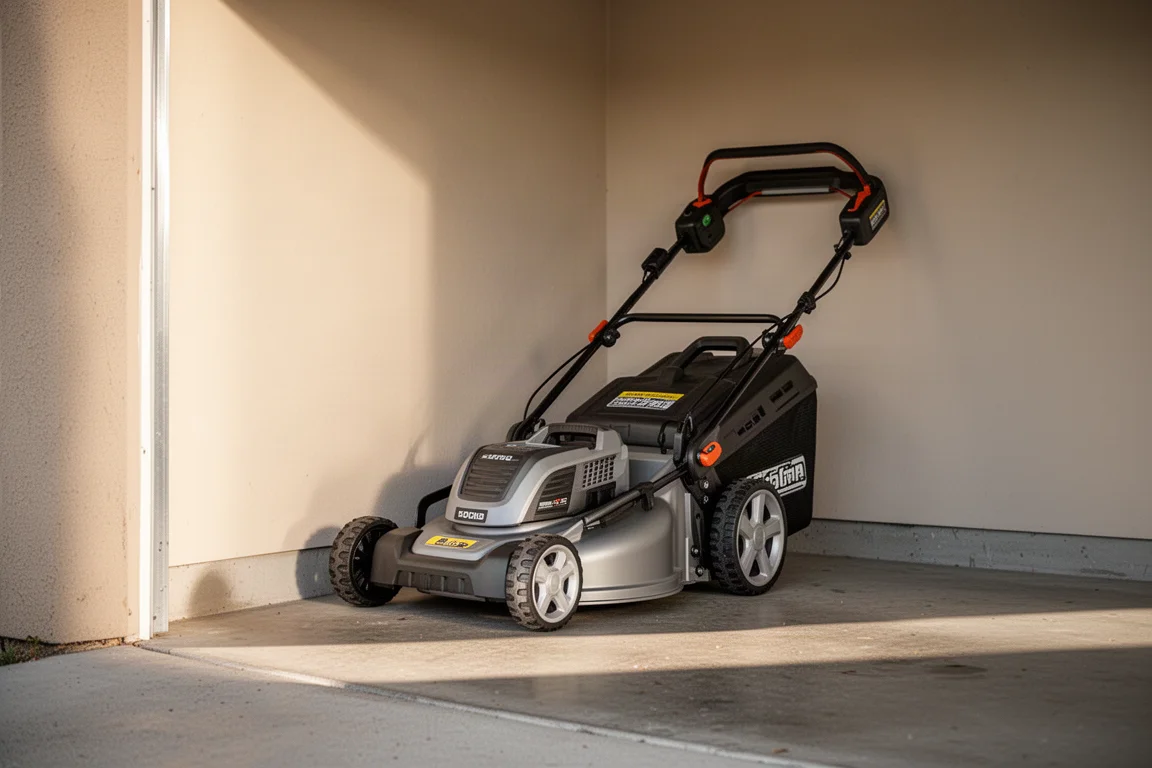 Tondeuse à gazon repliée à plat pour un rangement compact dans un coin de garage