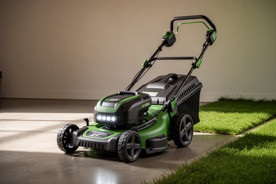 Bezprzewodowa kosiarka samobieżna Ryobi Whisper Series na betonowej posadzce garażu