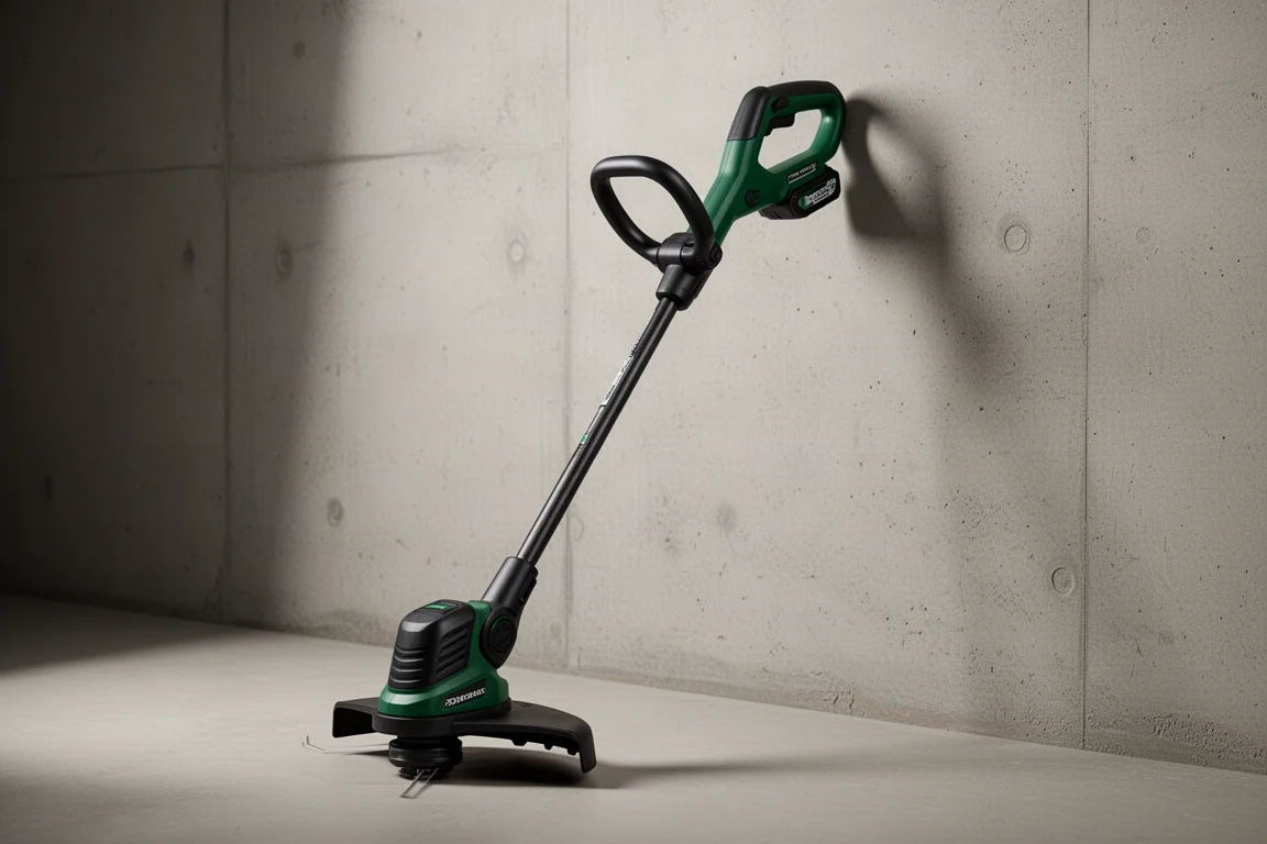 Bezprzewodowy kosiarkożyłkowy Ryobi Whisper Series 40V stojący pionowo przy betonowej ścianie