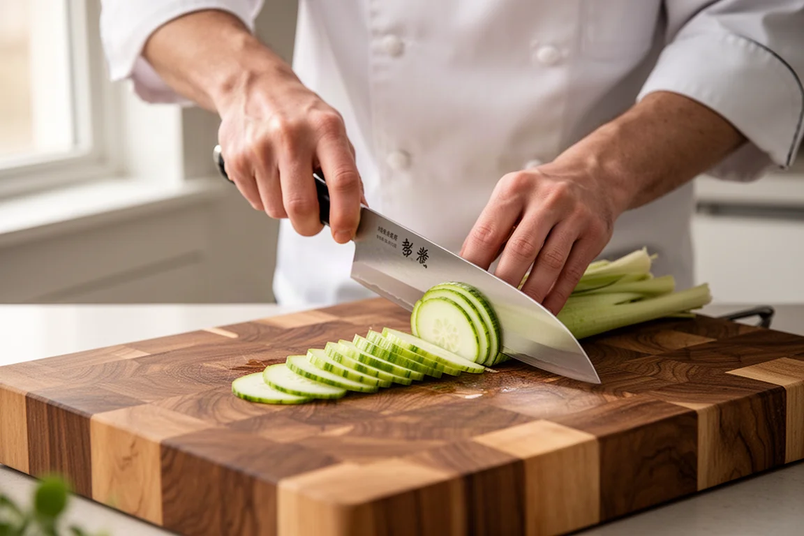 Chef slicing vegetables on a wooden cutting board in a bright kitchen