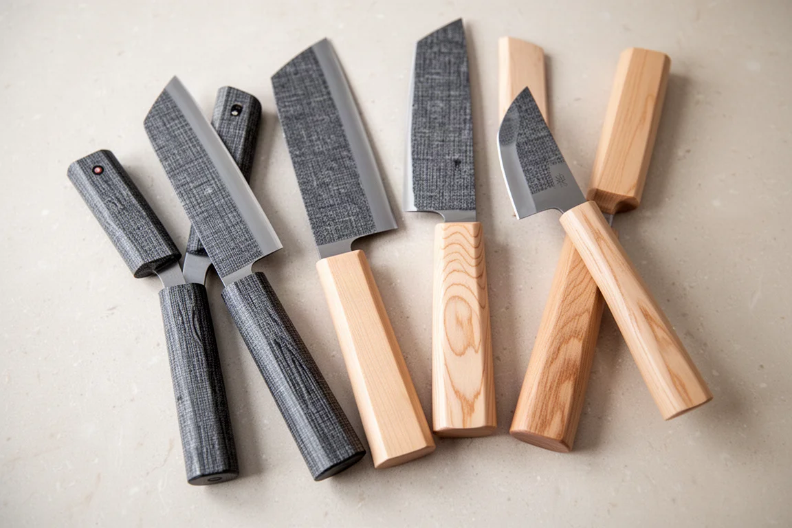 Textured micarta and maple knife handles laid on a stone countertop