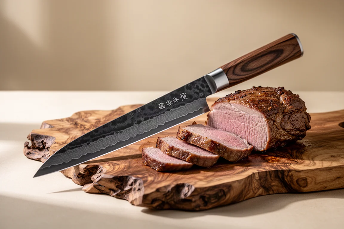 Long slicing knife with dark blade resting beside sliced roast on a board