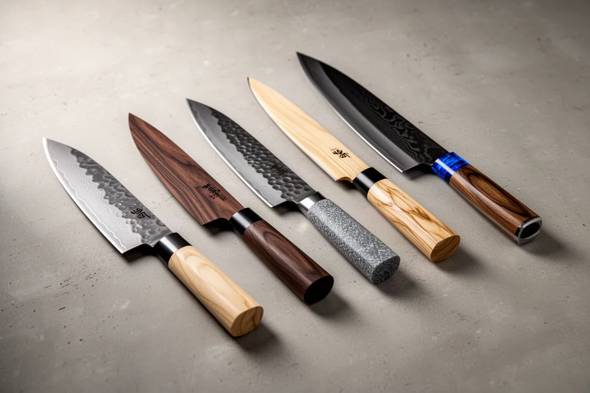 Five Japanese kitchen knives with damascus blades and varied handles arranged on a concrete surface