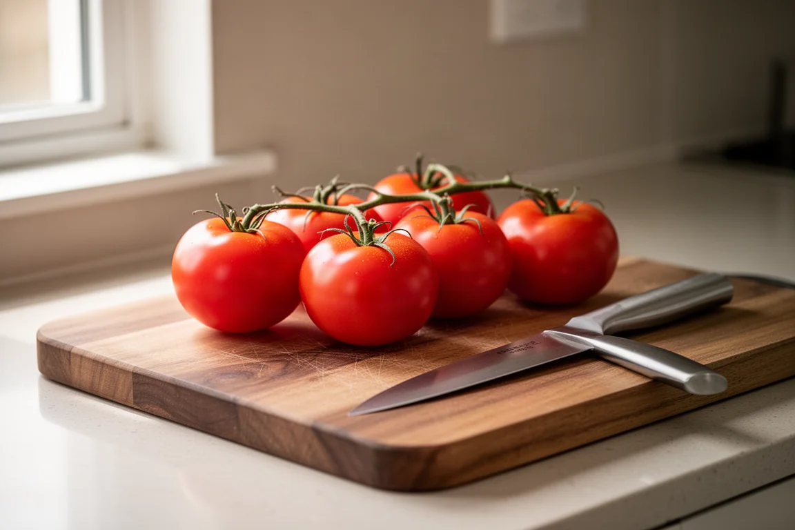 Reife Tomaten auf einem hölzernen Schneidebrett neben einem scharfen Kochmesser