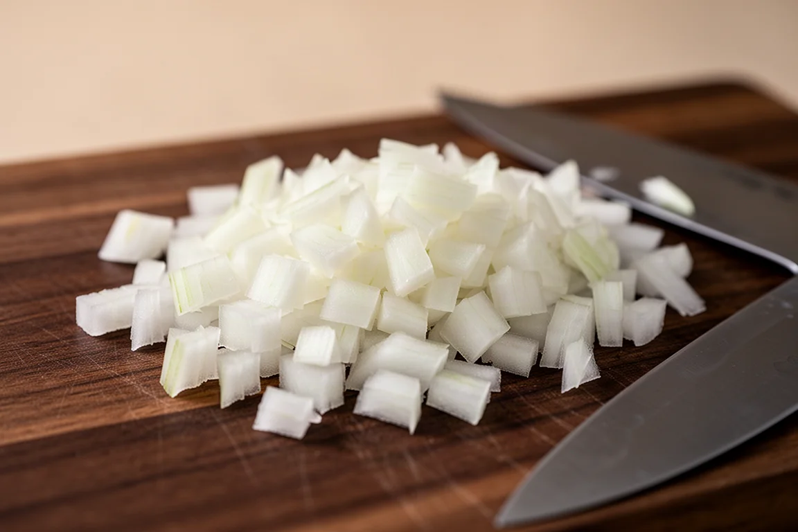 Fein gewürfelte Zwiebel auf einem Schneidebrett mit einem Messer daneben