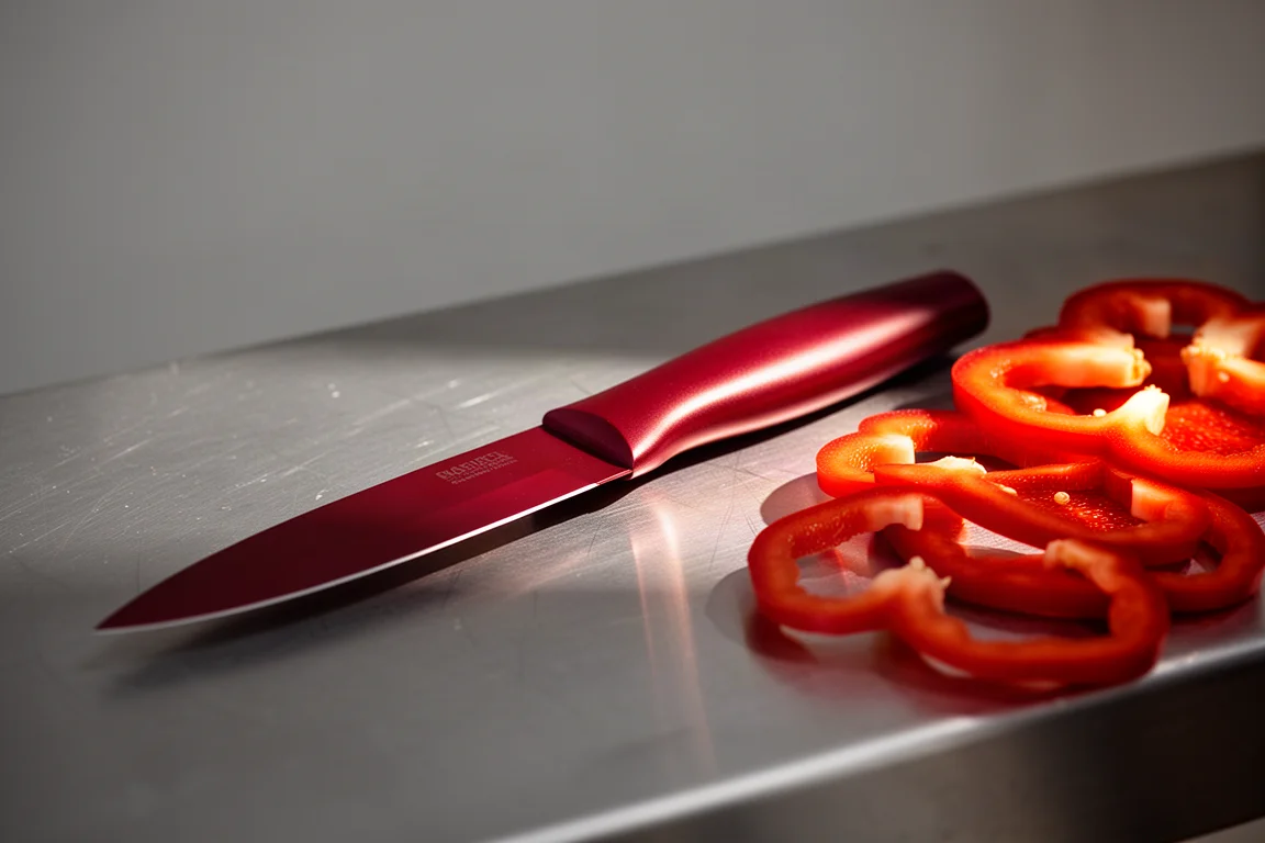 Ein Messer mit rotem Griff liegt auf einer Küchenarbeitsplatte neben geschnittener Paprika
