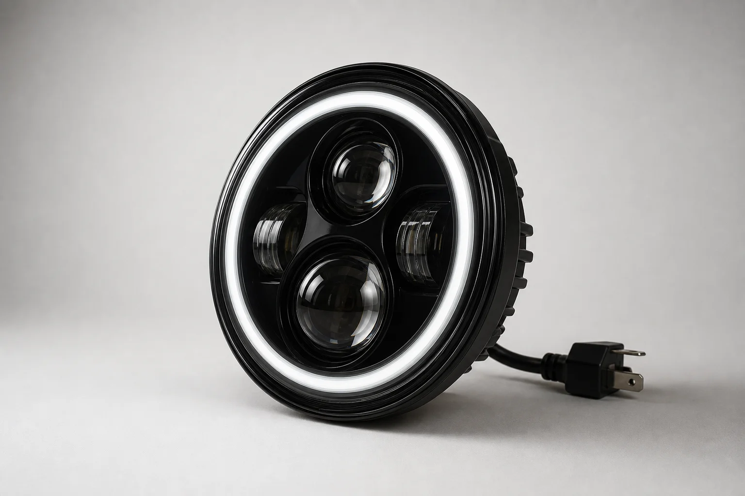 Five LED and drop-in headlights arranged on concrete surface