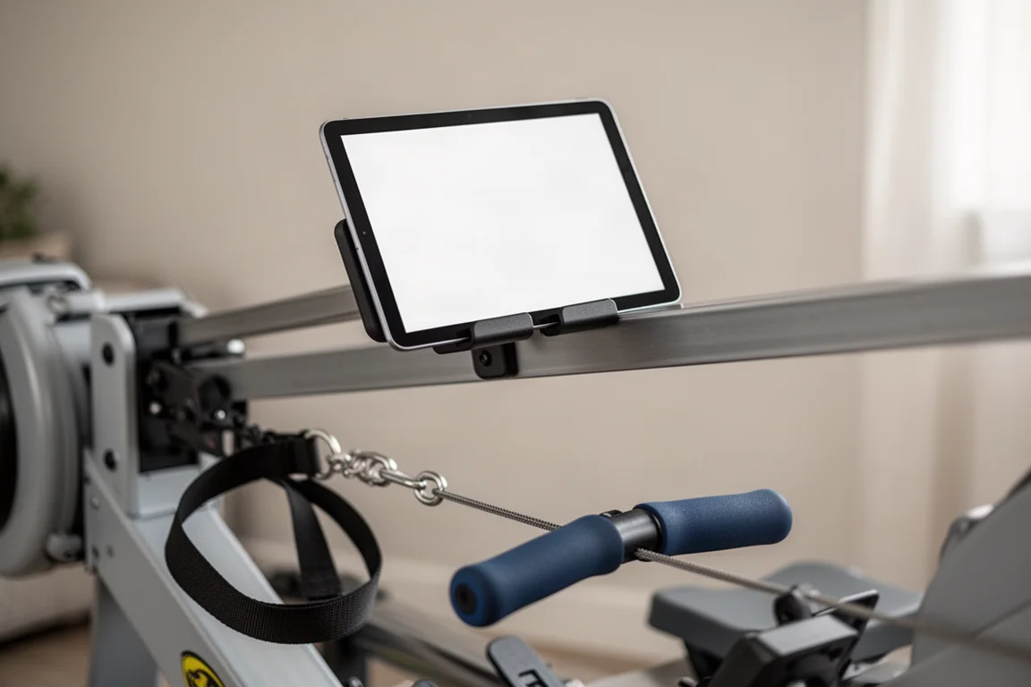 Tablet, das an einer Halterung über dem Griff eines Rudergeräts montiert ist