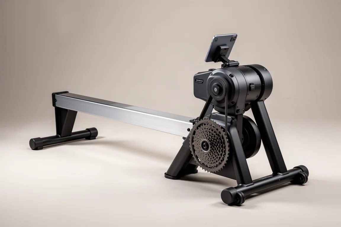 Aluminum rowing attachment mounted on a smart trainer against a grey backdrop