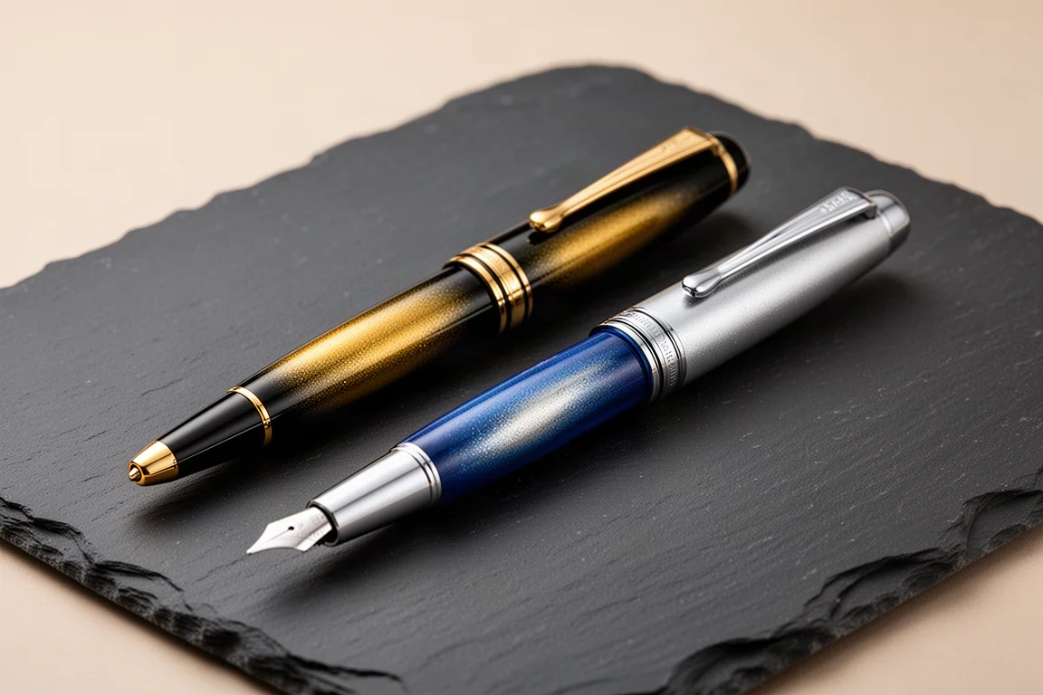 Two lacquered luxury fountain pens, one black with gold trim and one blue with silver trim