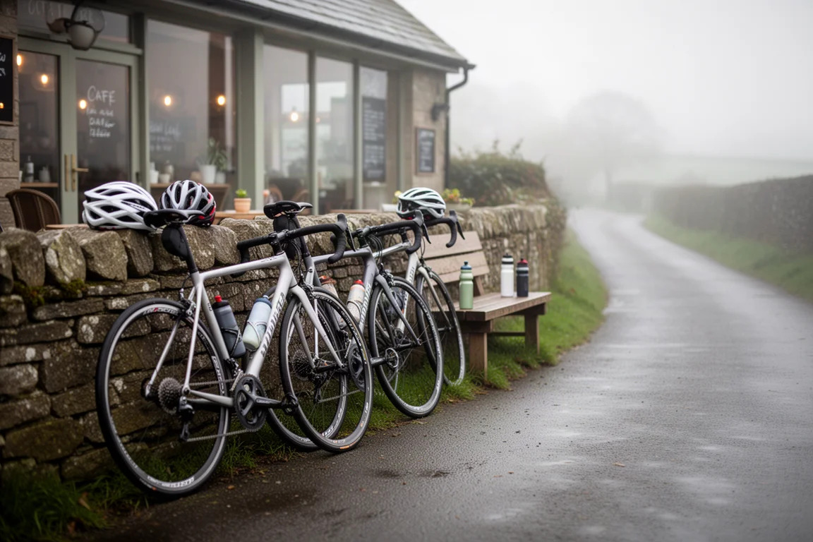 Bici da corsa appoggiate a un muro fuori da un caffè di campagna in una mattina nuvolosa