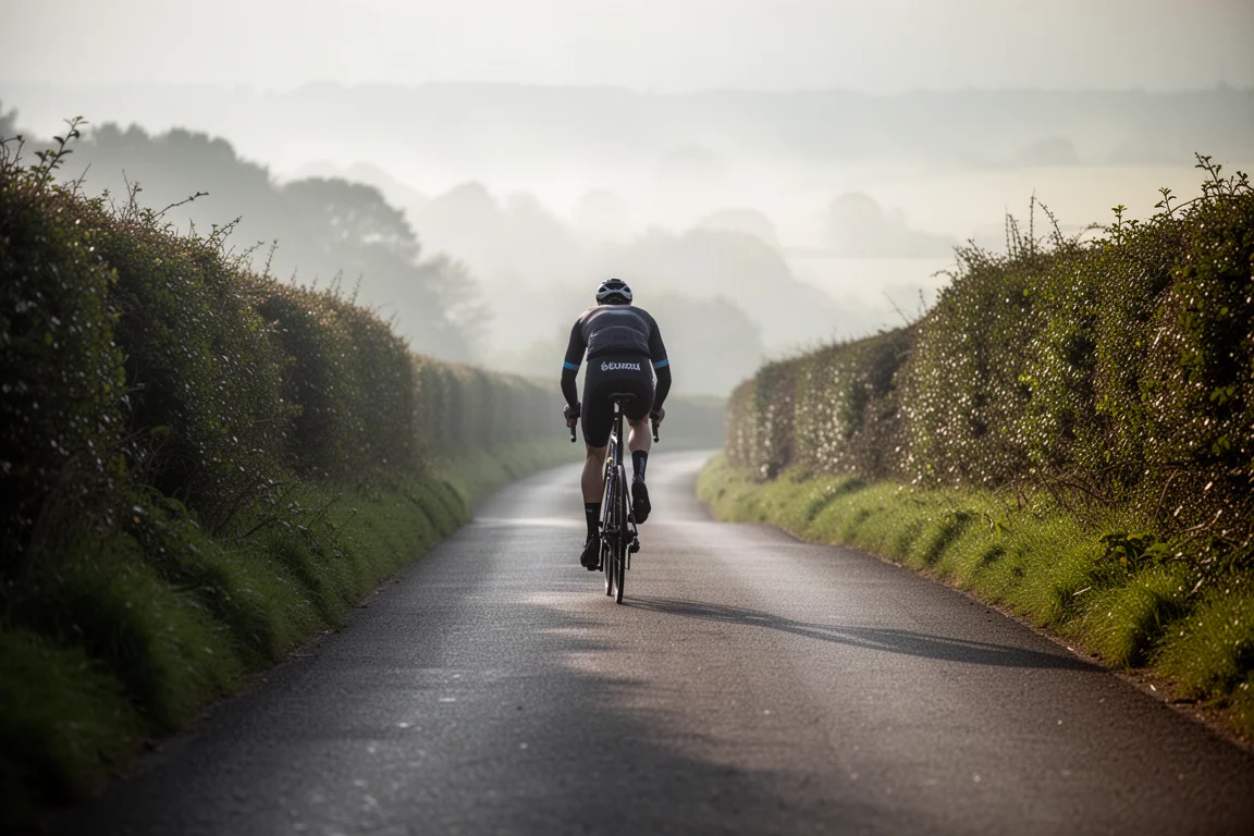 Ciclista visto da dietro mentre scala una strada in asfalto bordata di siepi nella luce del mattino