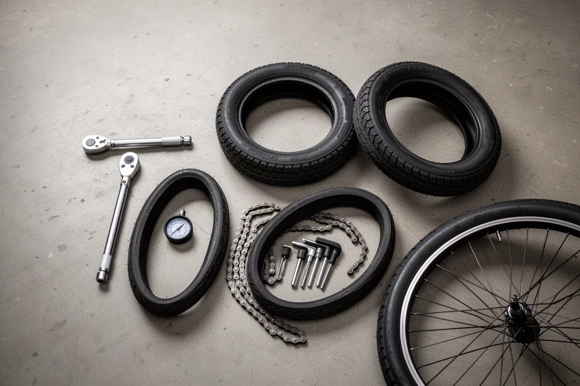 Flat-lay di attrezzi per bici, copertoni e chiavi a brugola accanto a una ruota su pavimento in cemento