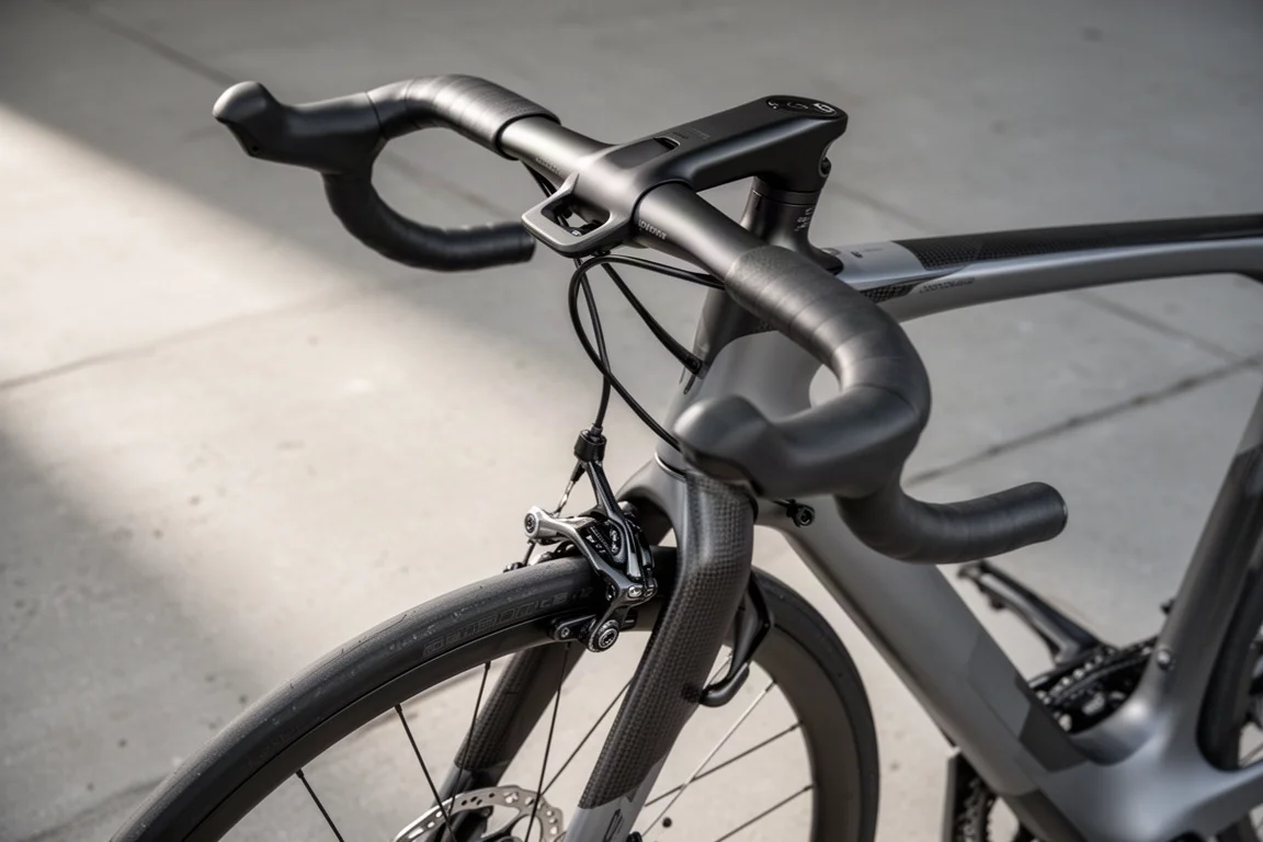 Cockpit integrato e freno a disco idraulico di una bici da corsa in carbonio, in primo piano