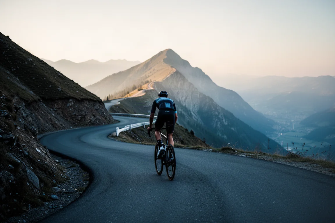 Ciclista su strada che sale su un tornante di montagna ripido all'alba