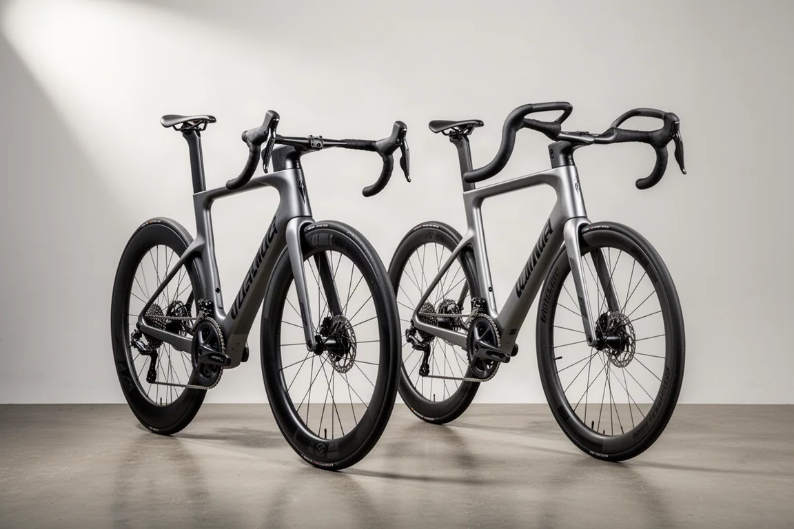 Twee carbon racefietsen naast elkaar in een heldere studio-opstelling