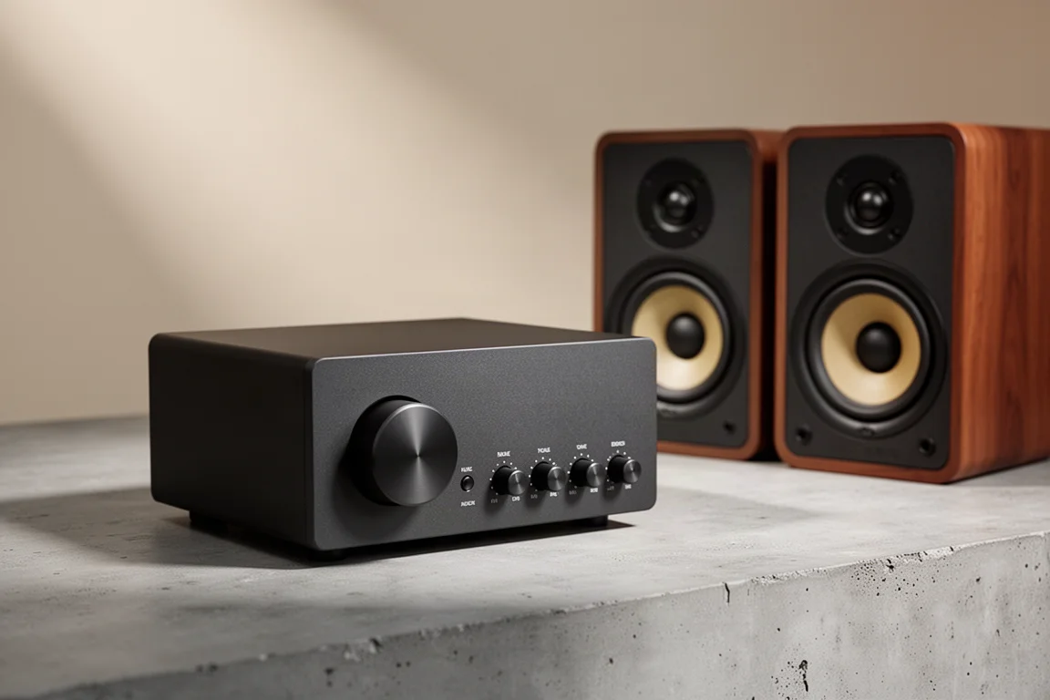 Compact desktop amplifier with volume and tone knobs beside small bookshelf speakers