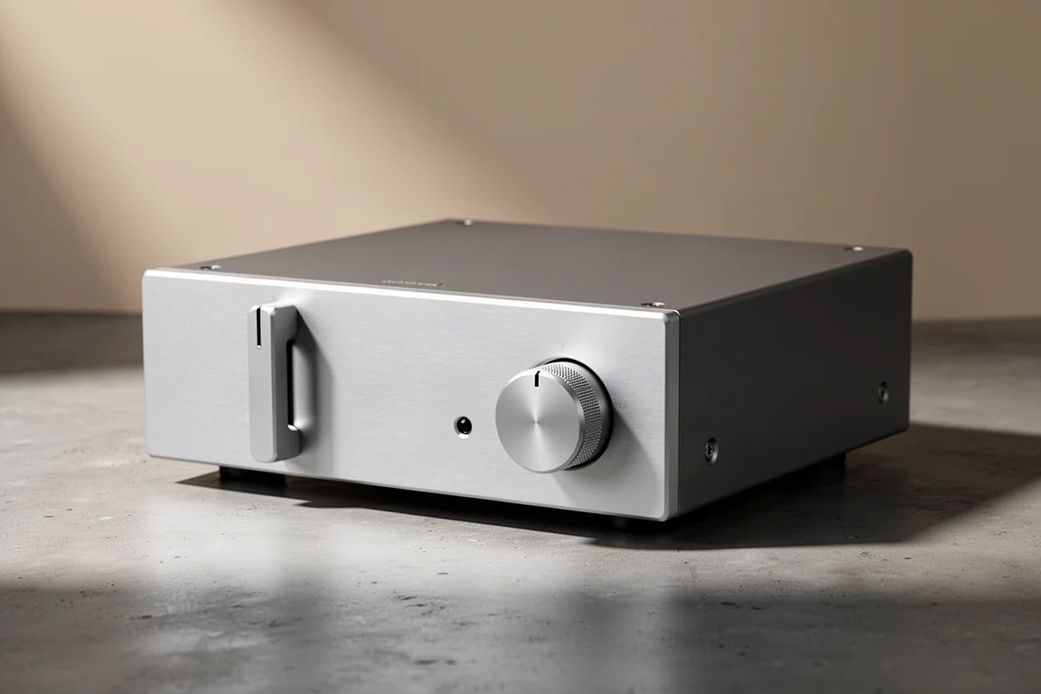 Compact silver Class D stereo power amplifier on a concrete surface