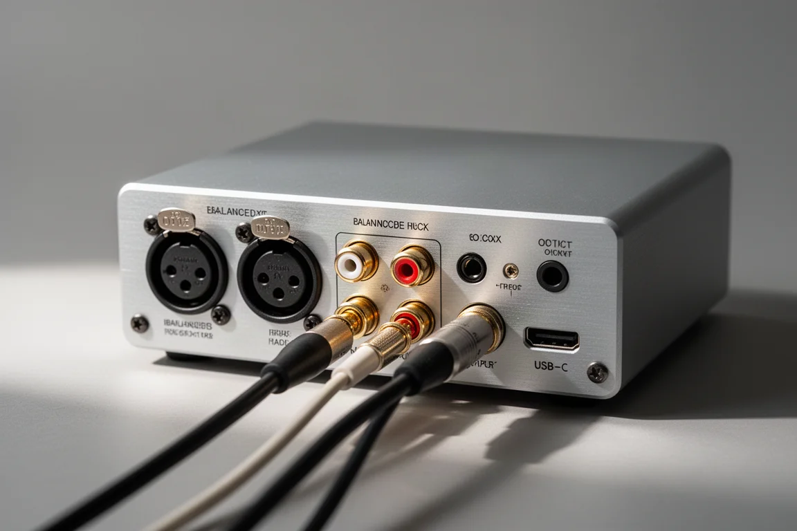 Baksidan av en kompakt ljudomvandlare som visar XLR-, RCA-, koaxial-, optiska och USB-C-portar