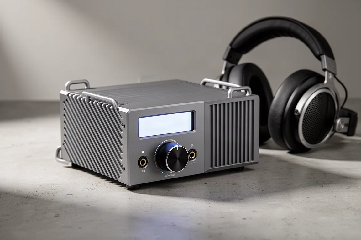 Compact two-tone grey desktop DAC and headphone amplifier with display and volume knob