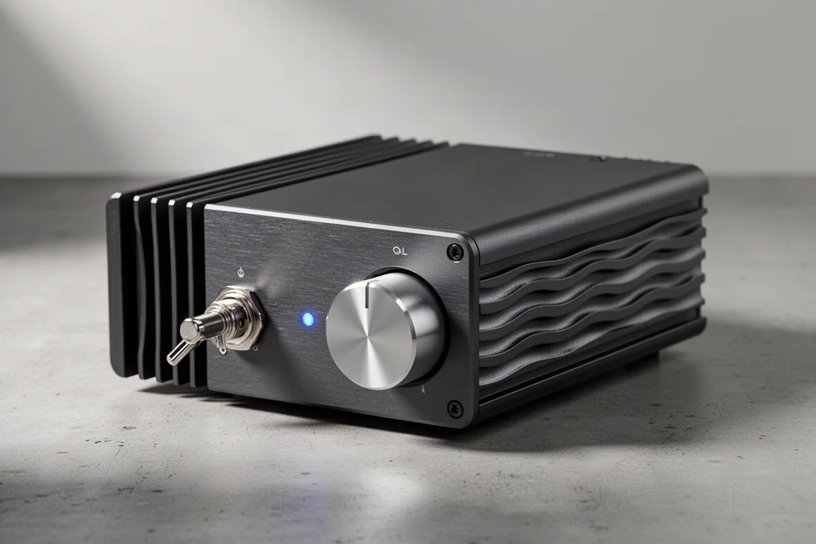 Compact class D stereo amplifier with large power toggle and volume knob on concrete