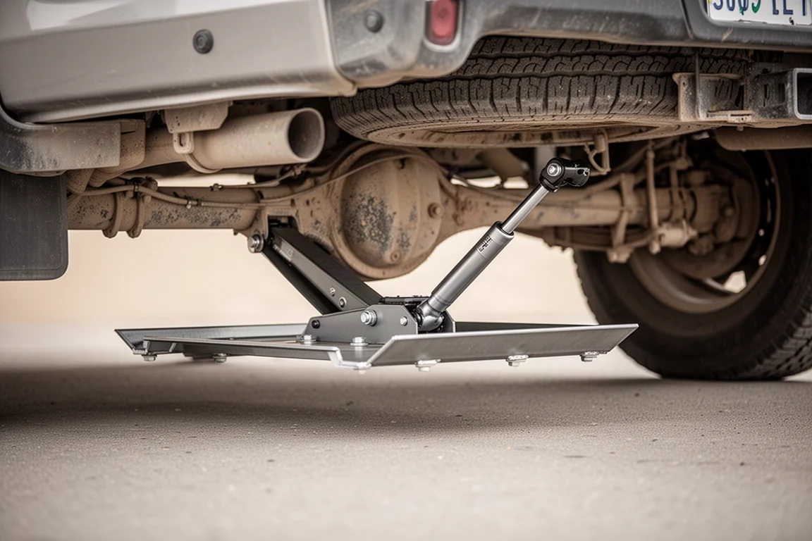 トラックの車軸の下に取り付けられたスチール製アクセルトレイのクローズアップ