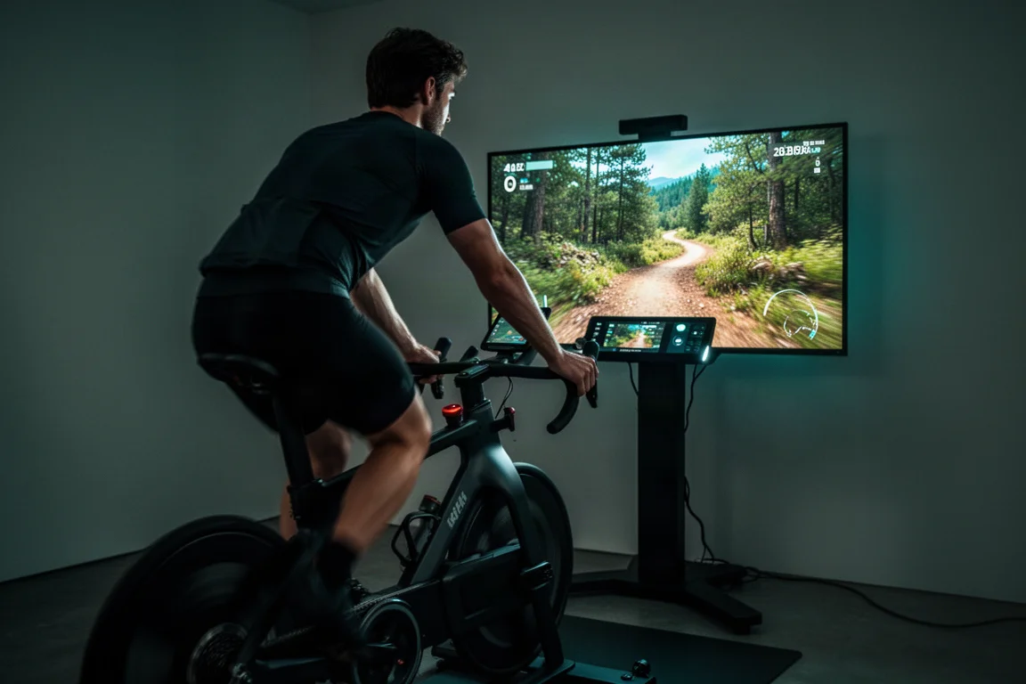 Cyclist seated on an indoor smart bike in a dim room with a glowing display