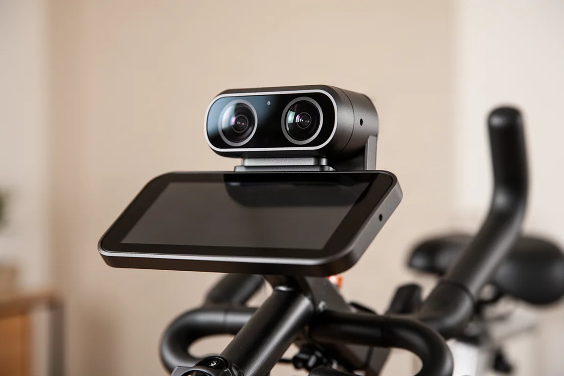 Close-up of a stereoscopic camera module mounted above a bike display