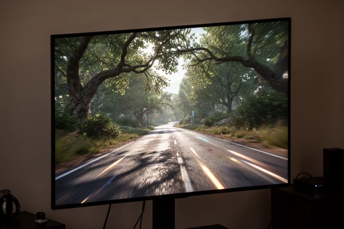 Point-of-view view of a hyperrealistic virtual trail rendered on a screen