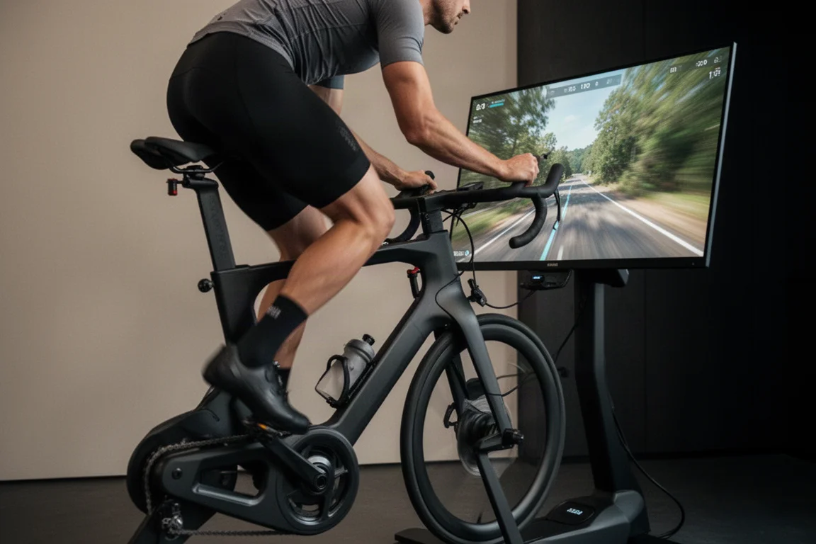 Rider standing on the pedals of an indoor bike, image on display blurring