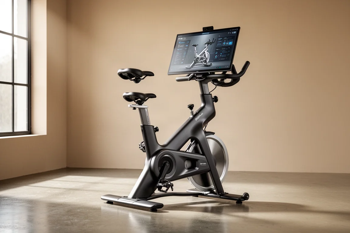 Modern smart exercise bike with integrated display in a minimal studio setting