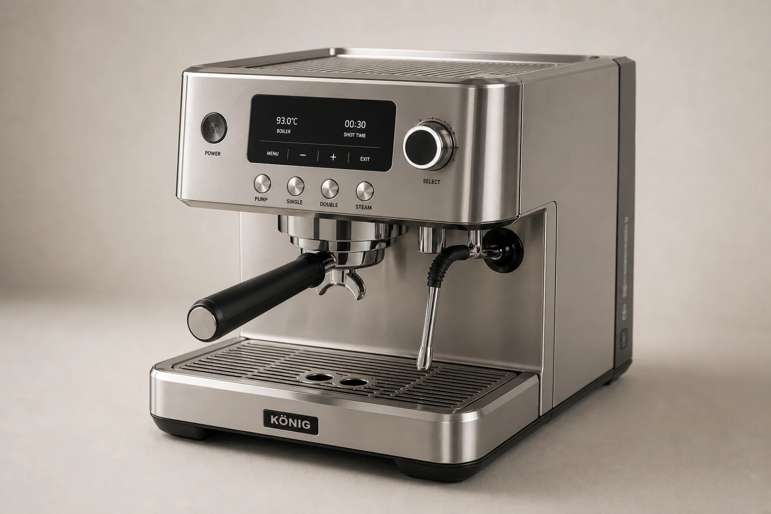 Six espresso machines arranged on concrete surface showing different designs and sizes