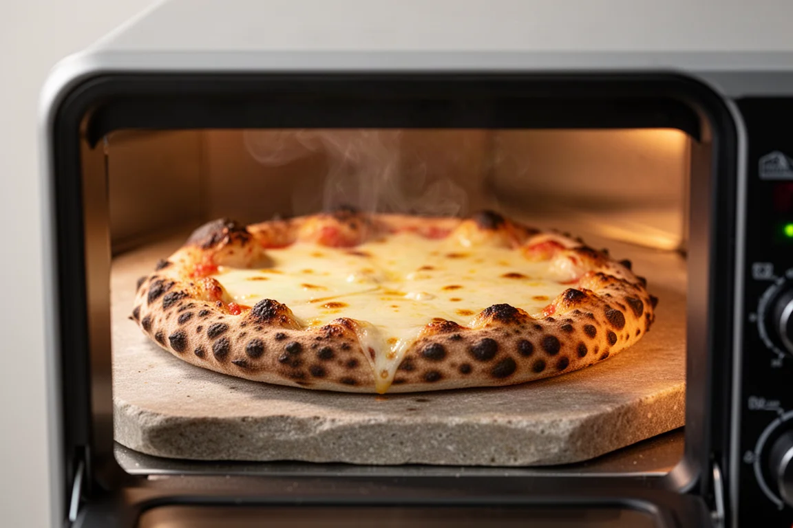 Una pizza fumante con crosta bruciaccata su una pietra refrattaria dentro un forno da banco