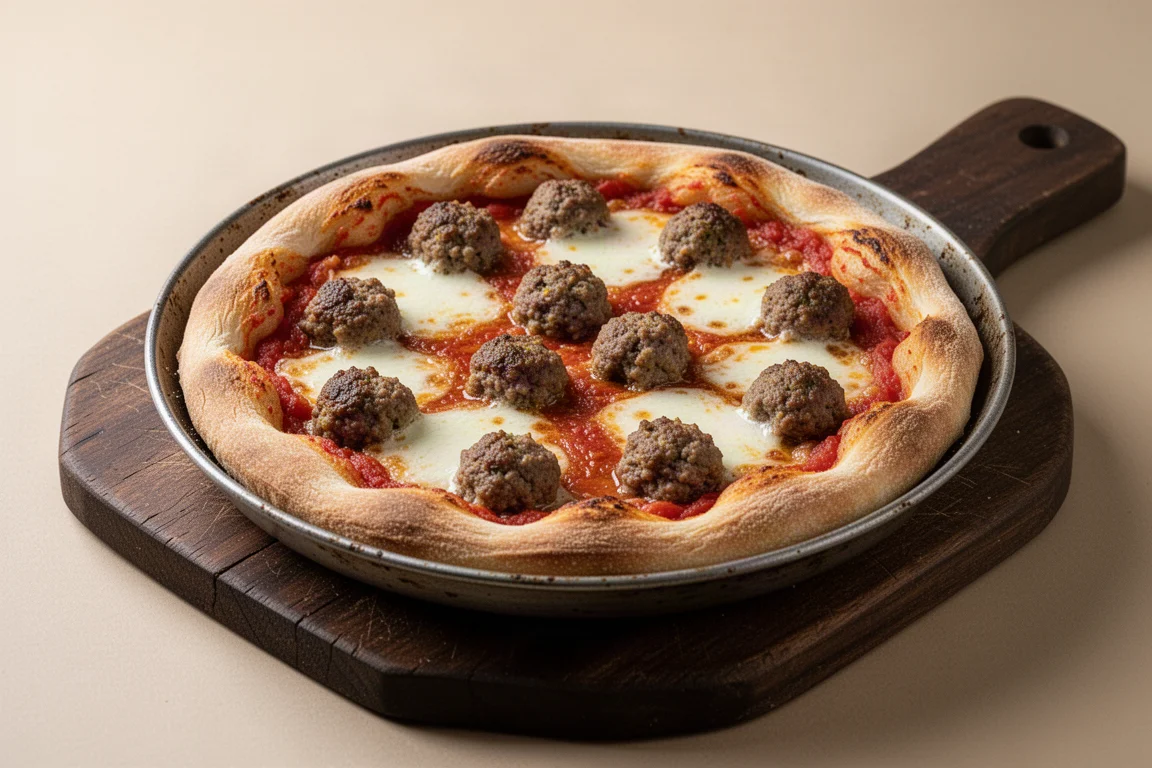 Pizza in teglia spessa con crosta alta e condimenti generosi in una teglia metallica rotonda