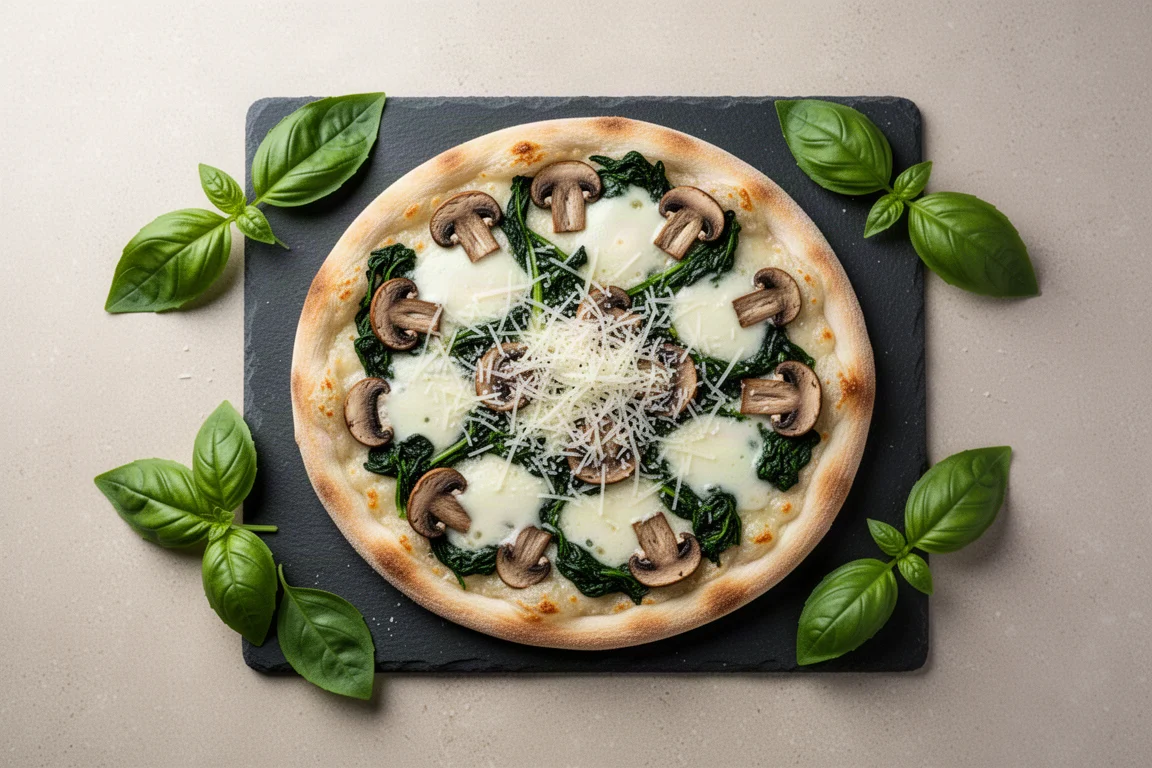 Pizza bianca a crosta sottile con funghi e spinaci su un tagliere di ardesia