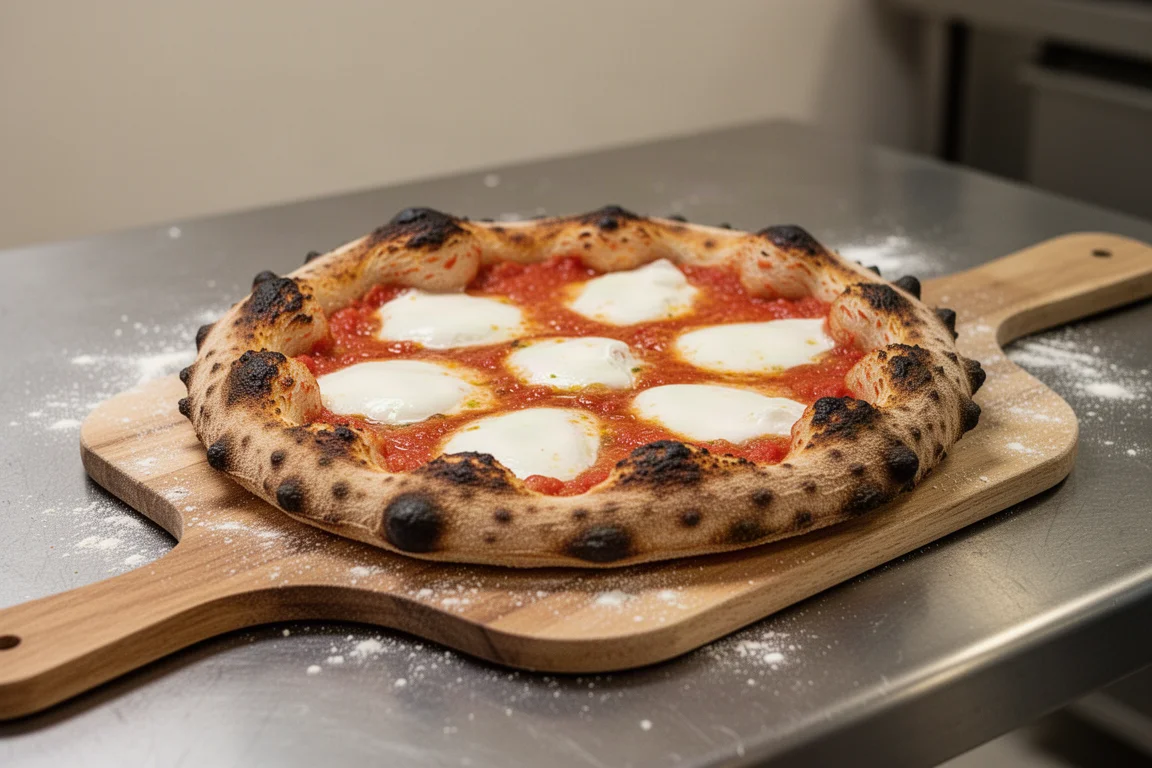 Pizza Margherita a lievitazione naturale con crosta vescicolata su una pala per pizza in legno