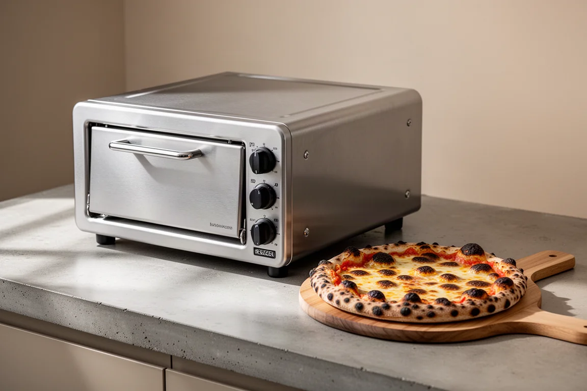 Sage Pizzaiolo benchtop pizza oven on a kitchen counter beside a freshly baked pizza