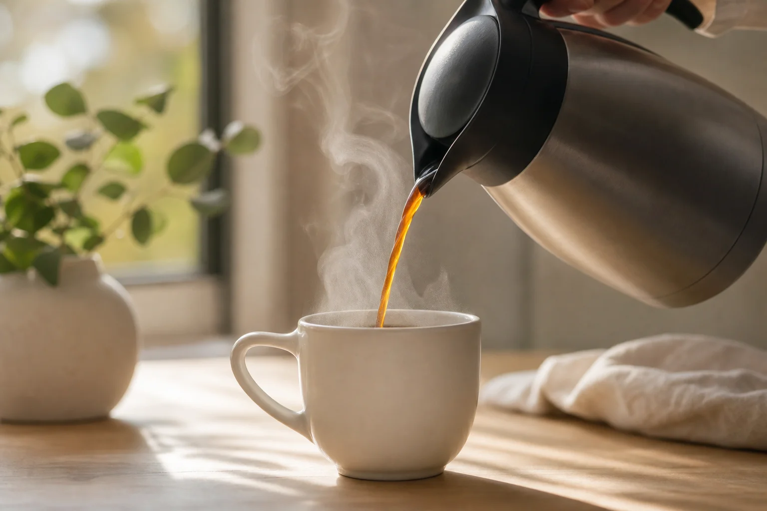 Morning coffee being poured from a thermal carafe into a ceramic mug