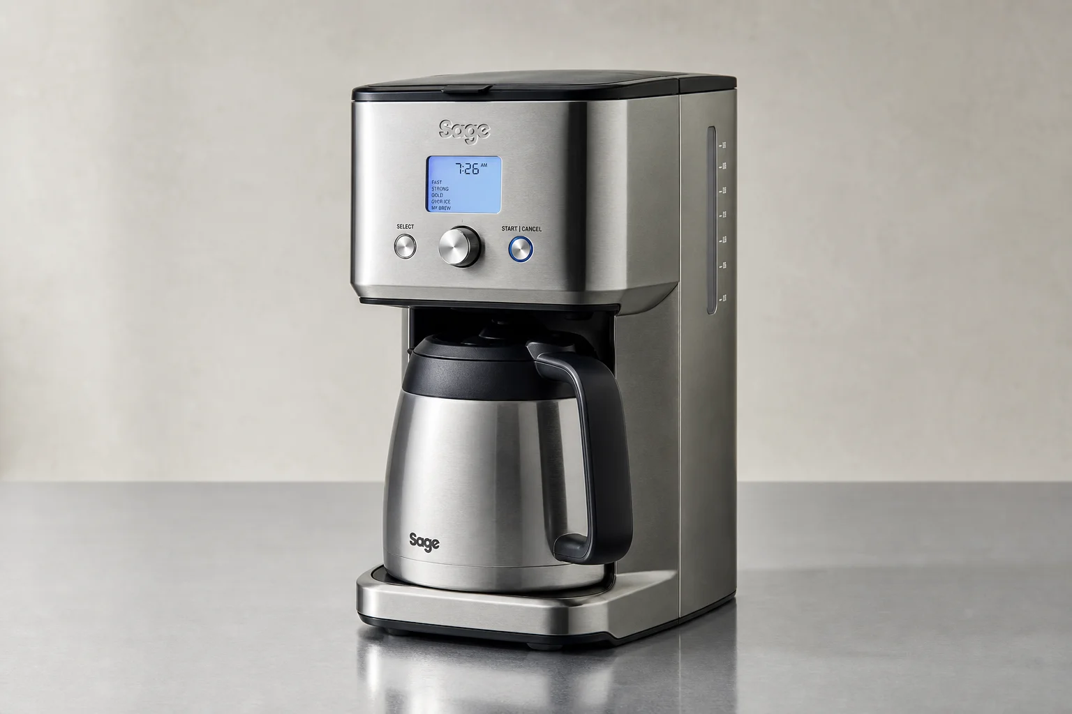 Six automatic coffee makers arranged in a line on concrete surface