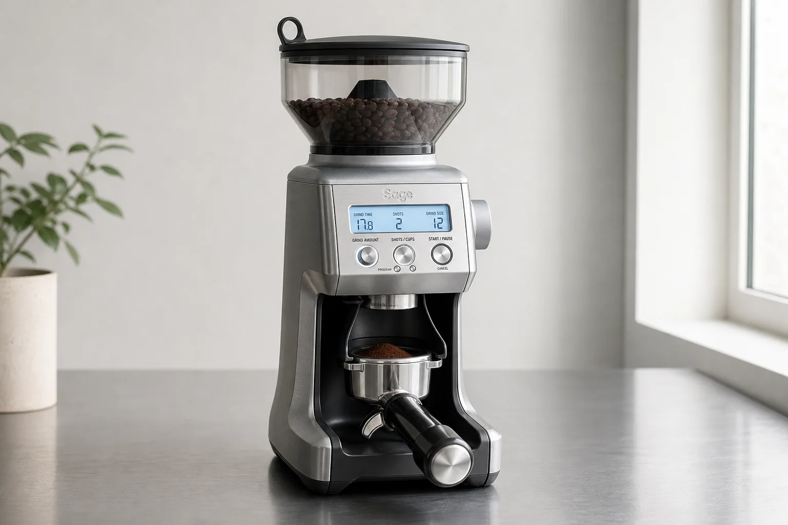 Five espresso grinders arranged in a row on concrete surface