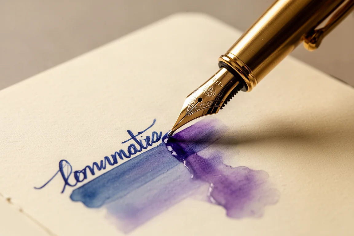Pennino di una stilografica che scrive inchiostro blu-viola su carta color crema a grana texturizzata