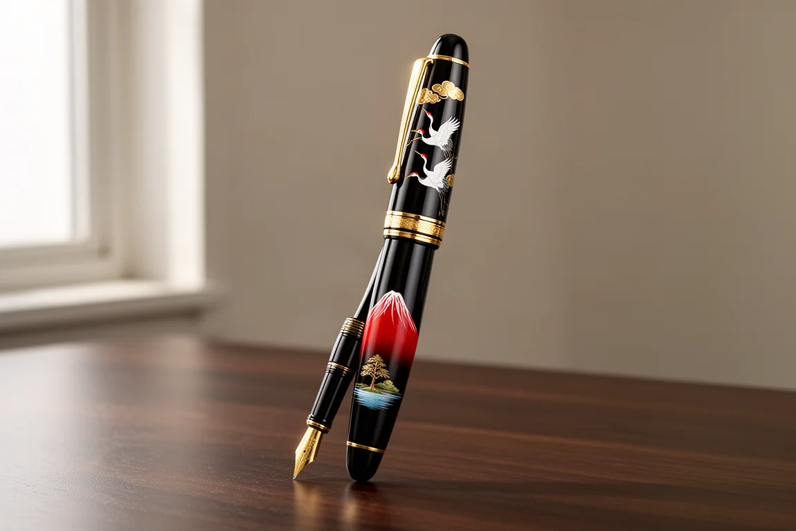Stilografica Sailor 1911 Large maki-e laccata nera con finiture oro su una scrivania in noce