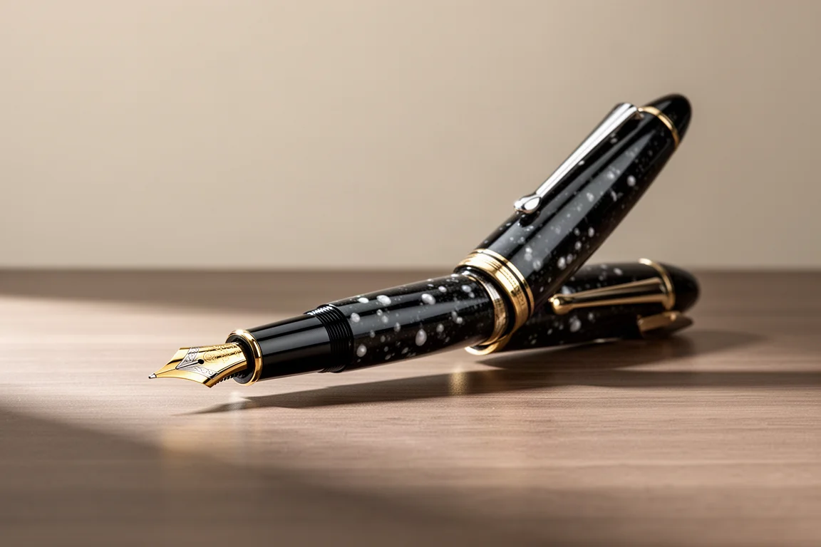 Sailor 1911 Large fountain pen with shining black finish and gold nib on a wooden desk